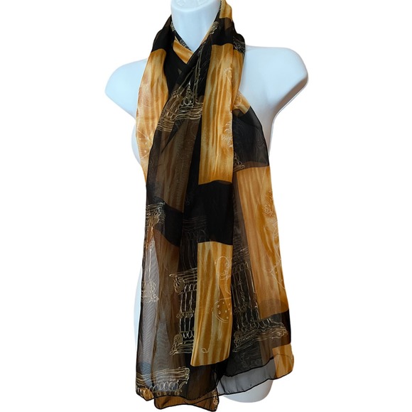 Block Print Scarf Bouquet Flowers Chair Brown Black Color Block Poly Long - Picture 1 of 6